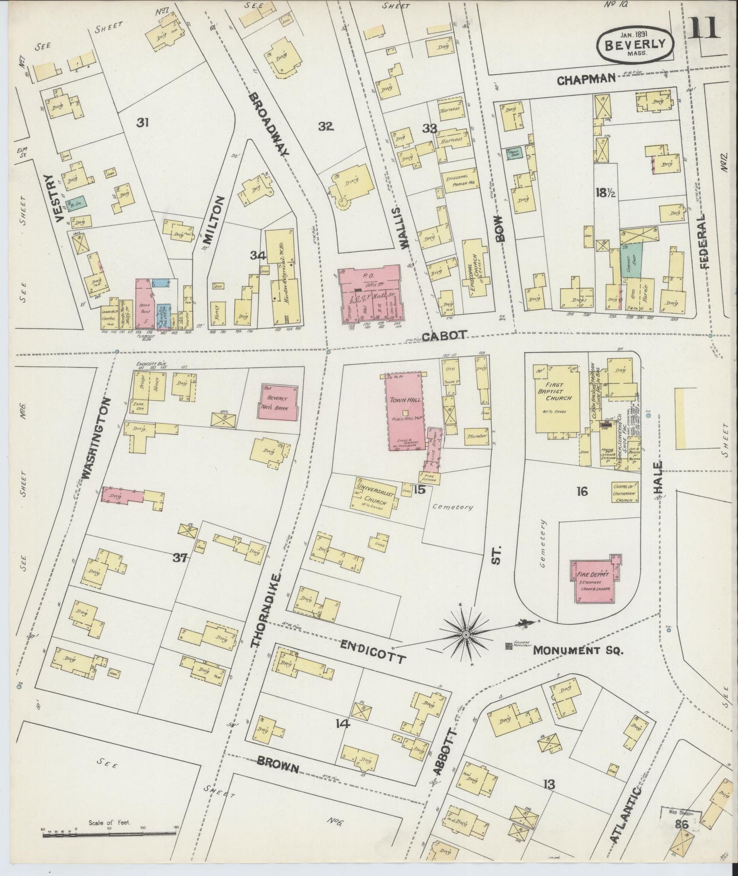 Sanborn Fire Insurance Map from Beverly, Essex County, Massachusetts (1891), Sheet #0011 - Historic Sanborn Fire Insurance Map Print, vintage old map wall art, antique decor, genealogy gift, Massachusetts Massachusetts map