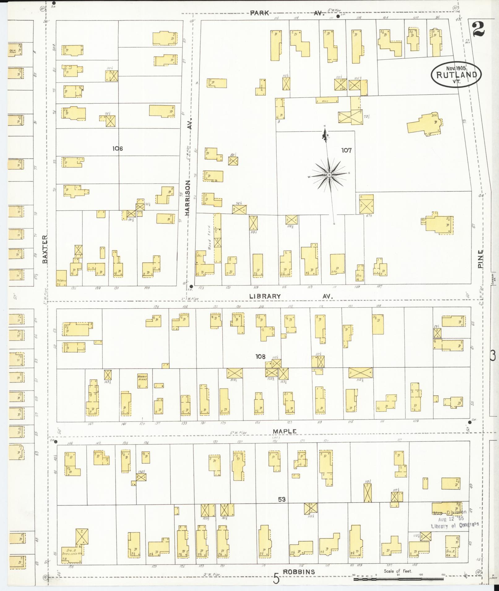 Sanborn Fire Insurance Map from Rutland, Rutland County, Vermont (1905), Sheet #0002 - Historic Sanborn Fire Insurance Map Print, vintage old map wall art, antique decor, genealogy gift, Vermont Vermont map