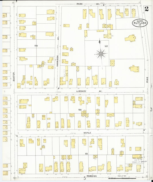 Sanborn Fire Insurance Map from Rutland, Rutland County, Vermont (1905), Sheet #0002 - Historic Sanborn Fire Insurance Map Print, vintage old map wall art, antique decor, genealogy gift, Vermont Vermont map