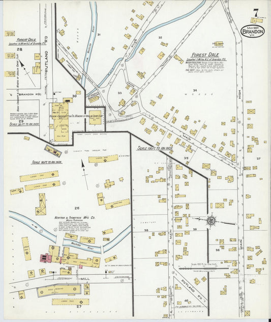 Sanborn Fire Insurance Map from Brandon, Rutland County, Vermont (1920), Sheet #0007 - Historic Sanborn Fire Insurance Map Print, vintage old map wall art, antique decor, genealogy gift, Vermont Vermont map