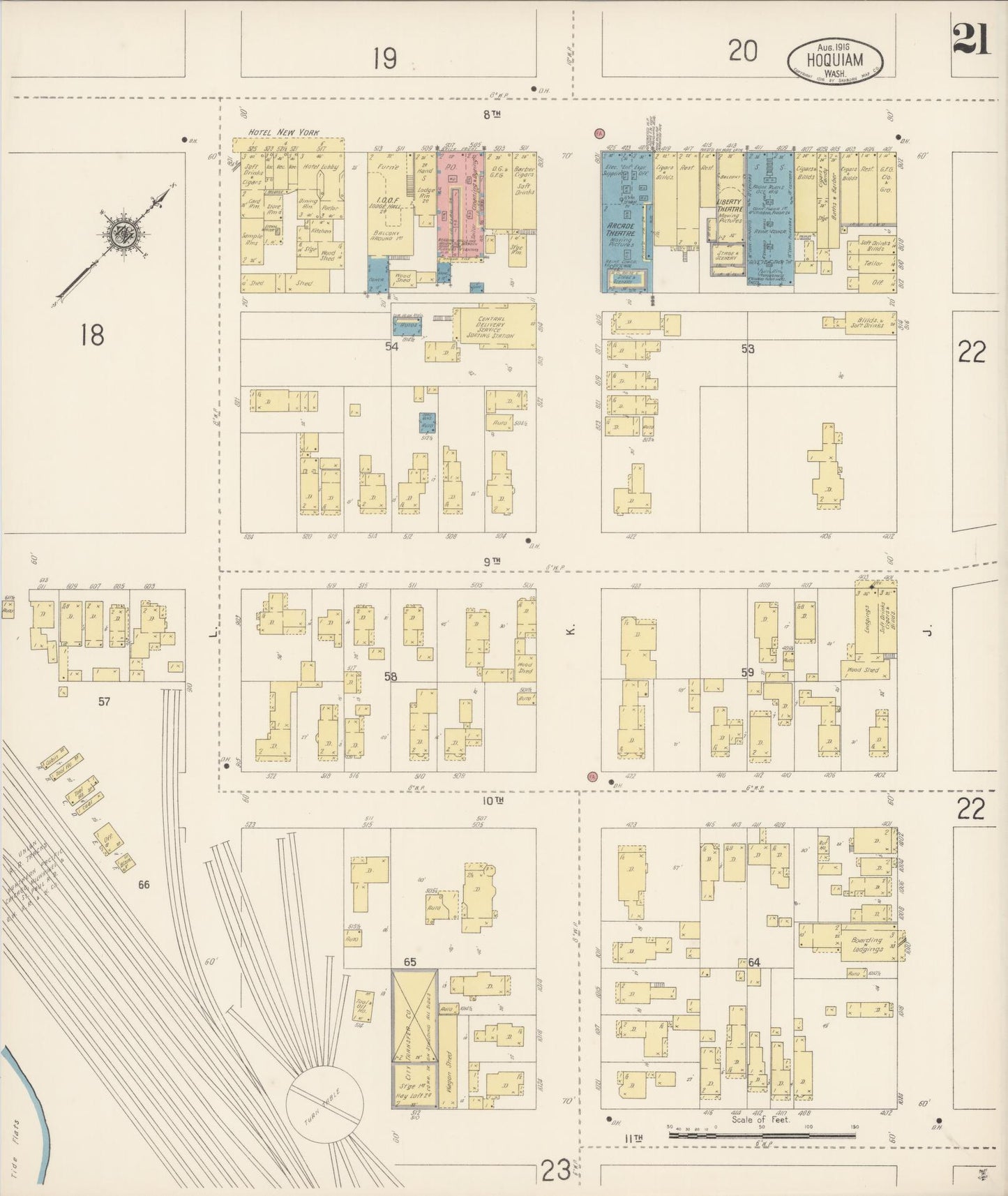 Sanborn Fire Insurance Map from Hoquiam, Grays Harbor County, Washington (1916), Sheet #0021 - Complete Map Set gallery image, historic Sanborn map, vintage wall art, Washington Washington