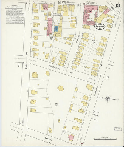 Sanborn Fire Insurance Map from Rahway, Union County, New Jersey (1915), Sheet #0013 - Historic Sanborn Fire Insurance Map Print, vintage old map wall art, antique decor, genealogy gift, New Jersey New Jersey map