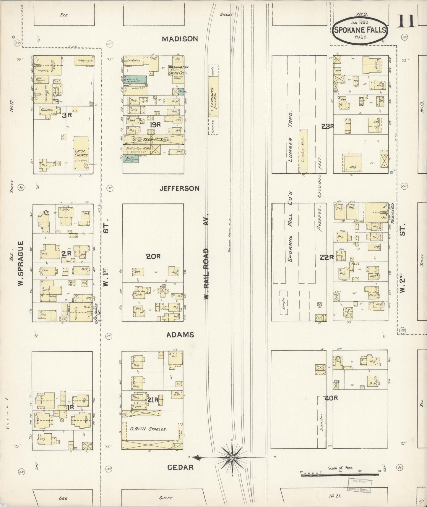 Sanborn Fire Insurance Map from Spokane, Spokane County, Washington (1890), Sheet #0011 - Historic Sanborn Fire Insurance Map Print, vintage old map wall art, antique decor, genealogy gift, Washington Washington map