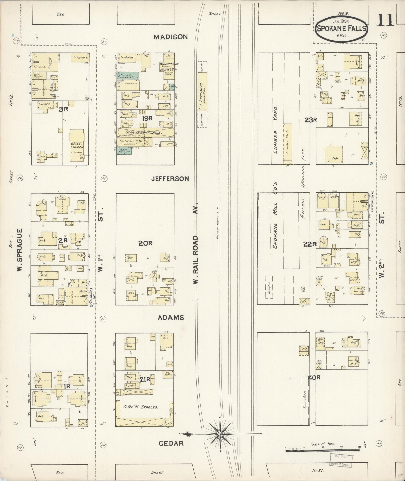 Sanborn Fire Insurance Map from Spokane, Spokane County, Washington (1890), Sheet #0011 - Historic Sanborn Fire Insurance Map Print, vintage old map wall art, antique decor, genealogy gift, Washington Washington map