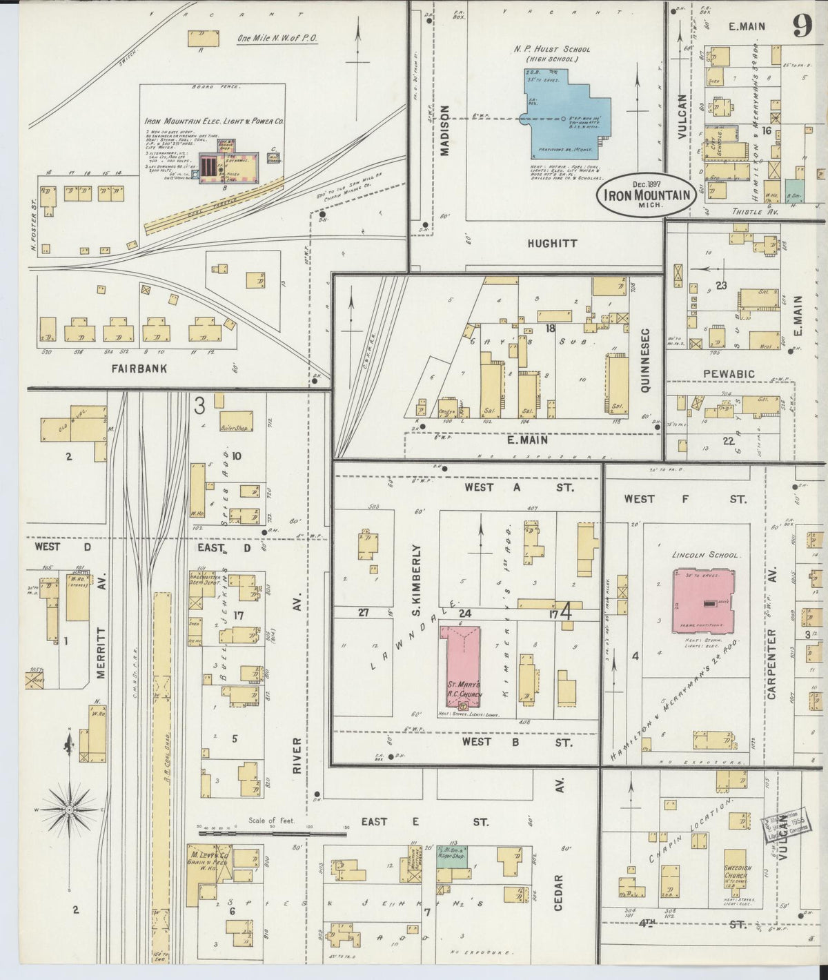 Sanborn Fire Insurance Map from Iron Mountain, Dickinson County, Michigan (1897), Sheet #0009 - Historic Sanborn Fire Insurance Map Print, vintage old map wall art, antique decor, genealogy gift, Michigan Michigan map