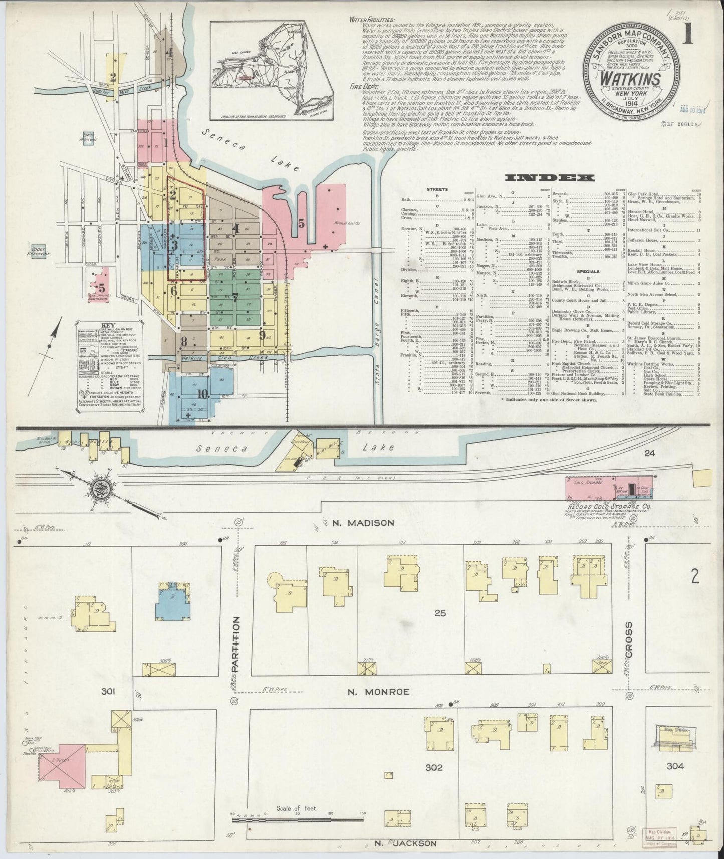 Sanborn Fire Insurance Map from Watkins Glen, Schuyler County, New York (1914), Sheet #0001 - Complete Map Set gallery image, historic Sanborn map, vintage wall art, New York New York