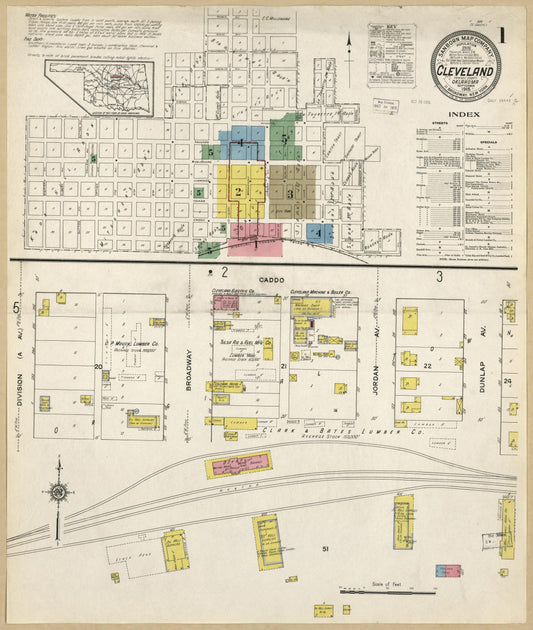 Sanborn Fire Insurance Map from Cleveland, Pawnee County, Oklahoma (1915), Sheet #0001 - Historic Sanborn Fire Insurance Map Print, vintage old map wall art, antique decor, genealogy gift, Oklahoma Oklahoma map