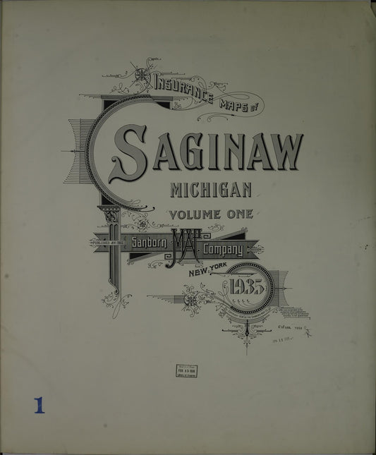 Sanborn Fire Insurance Map from Saginaw, Saginaw County, Michigan (1935), Sheet #0001 - Historic Sanborn Fire Insurance Map Print, vintage old map wall art, antique decor, genealogy gift, Michigan Michigan map