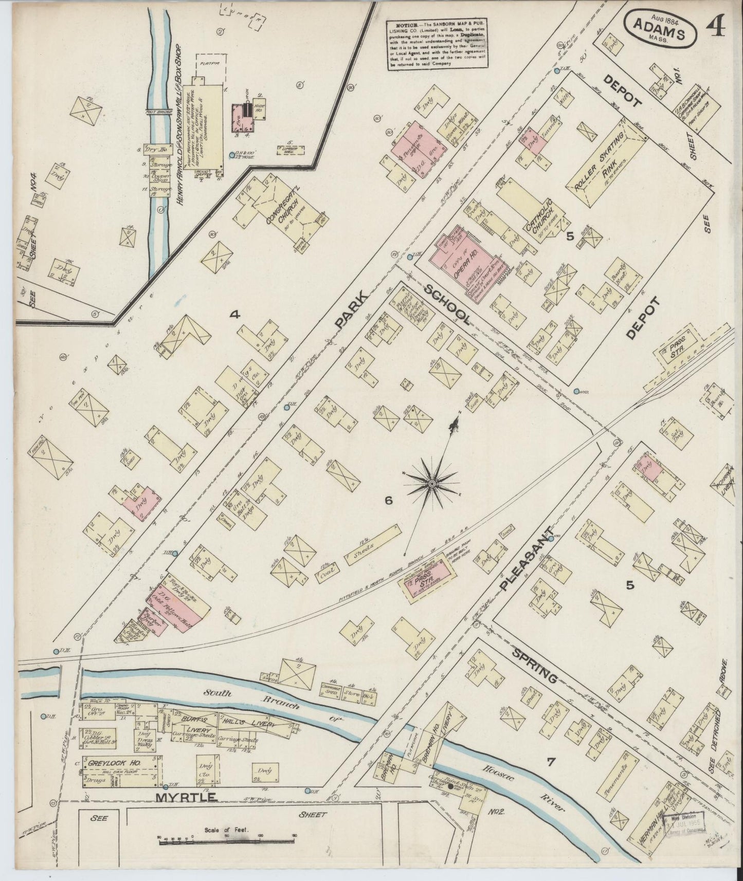 Sanborn Fire Insurance Map from Adams, Berkshire County, Massachusetts (1884), Sheet #0004 - Complete Map Set gallery image, historic Sanborn map, vintage wall art, Massachusetts Massachusetts