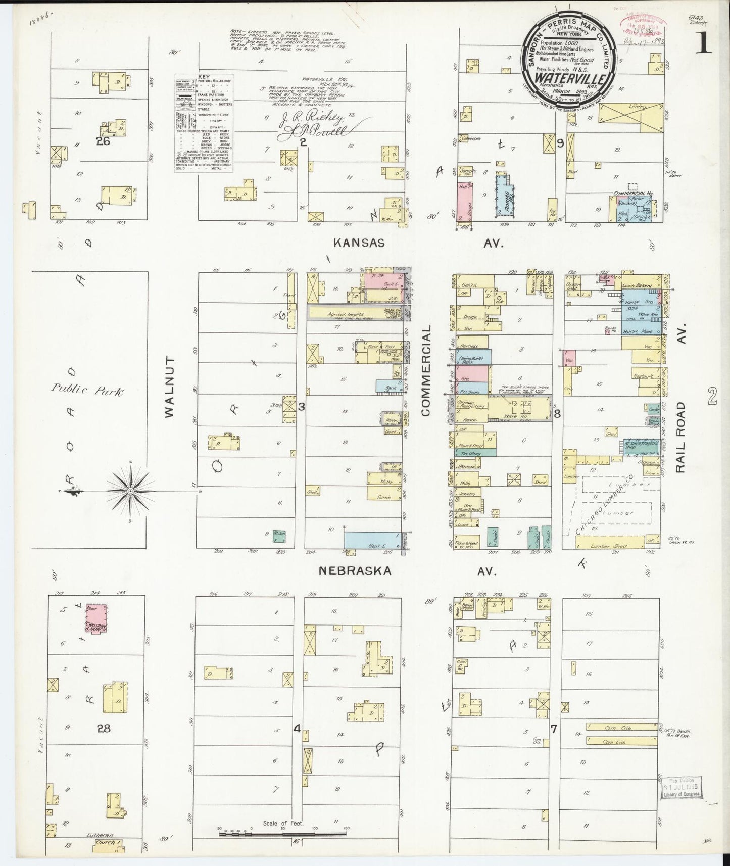 Sanborn Fire Insurance Map from Waterville, Marshall County, Kansas (1893), Sheet #0001 - Historic Sanborn Fire Insurance Map Print, vintage old map wall art, antique decor, genealogy gift, Kansas Kansas map
