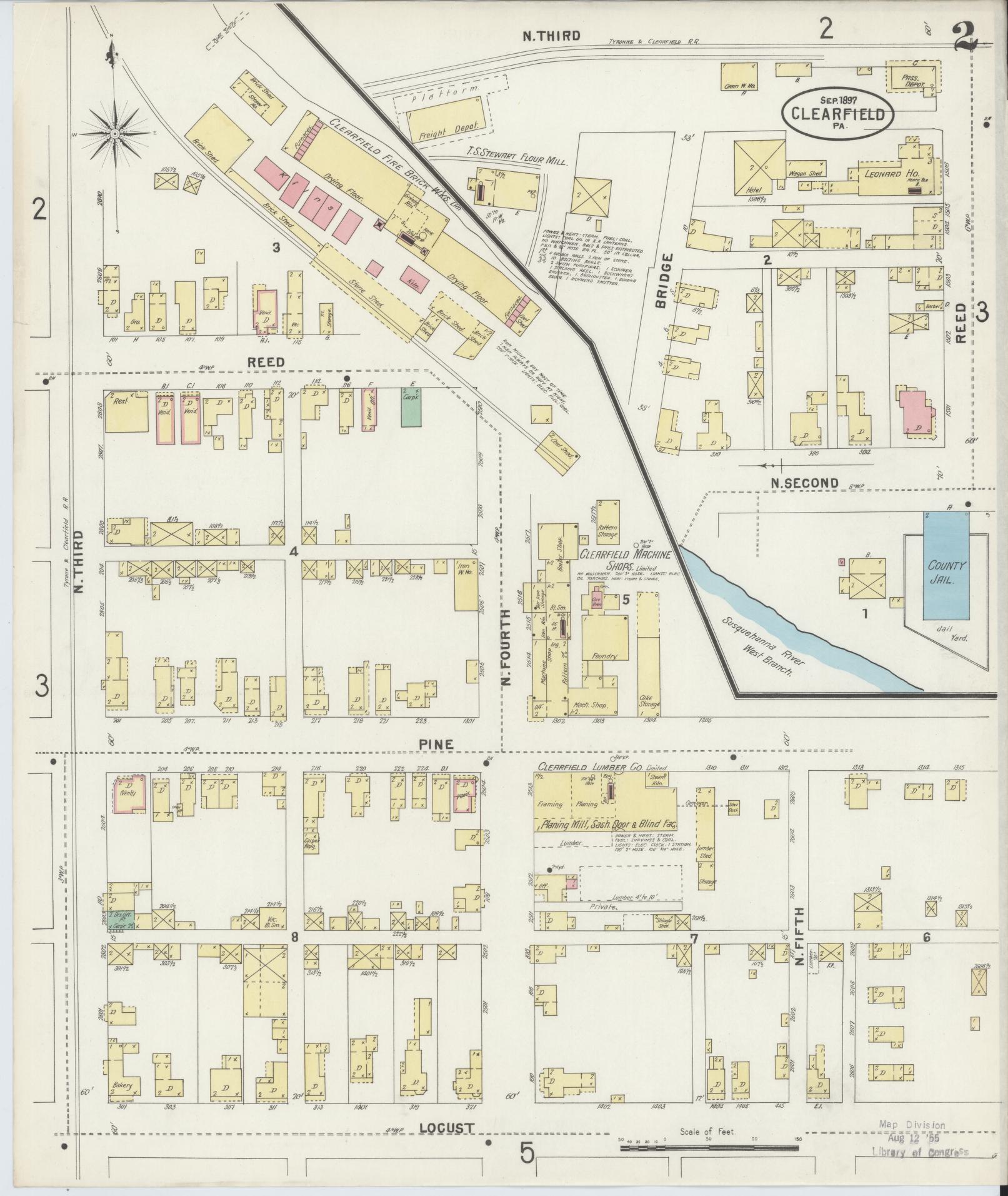 Sanborn Fire Insurance Map from Clearfield, Clearfield County, Pennsylvania (1897), Sheet #0002 - Historic Sanborn Fire Insurance Map Print, vintage old map wall art, antique decor, genealogy gift, Pennsylvania Pennsylvania map