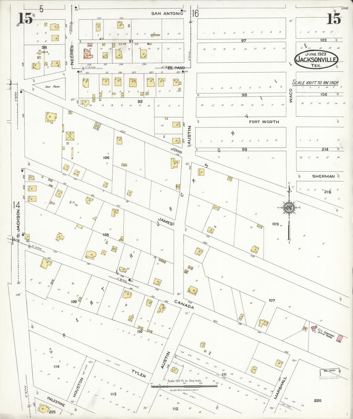 Sanborn Fire Insurance Map from Jacksonville, Cherokee County, Texas (1923), Sheet #0015 - Complete Map Set gallery image, historic Sanborn map, vintage wall art, Texas Texas
