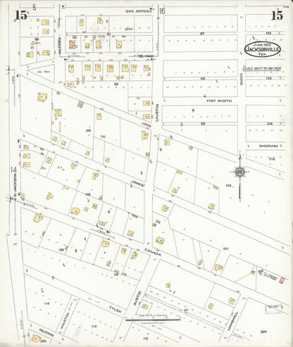 Sanborn Fire Insurance Map from Jacksonville, Cherokee County, Texas (1923), Sheet #0015 - Complete Map Set gallery image, historic Sanborn map, vintage wall art, Texas Texas