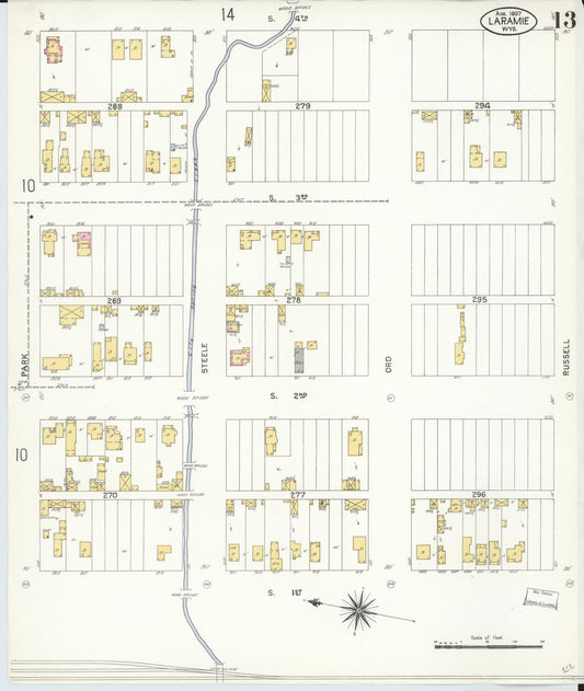 Sanborn Fire Insurance Map from Laramie, Albany County, Wyoming (1907), Sheet #0013 - Historic Sanborn Fire Insurance Map Print, vintage old map wall art, antique decor, genealogy gift, Wyoming Wyoming map