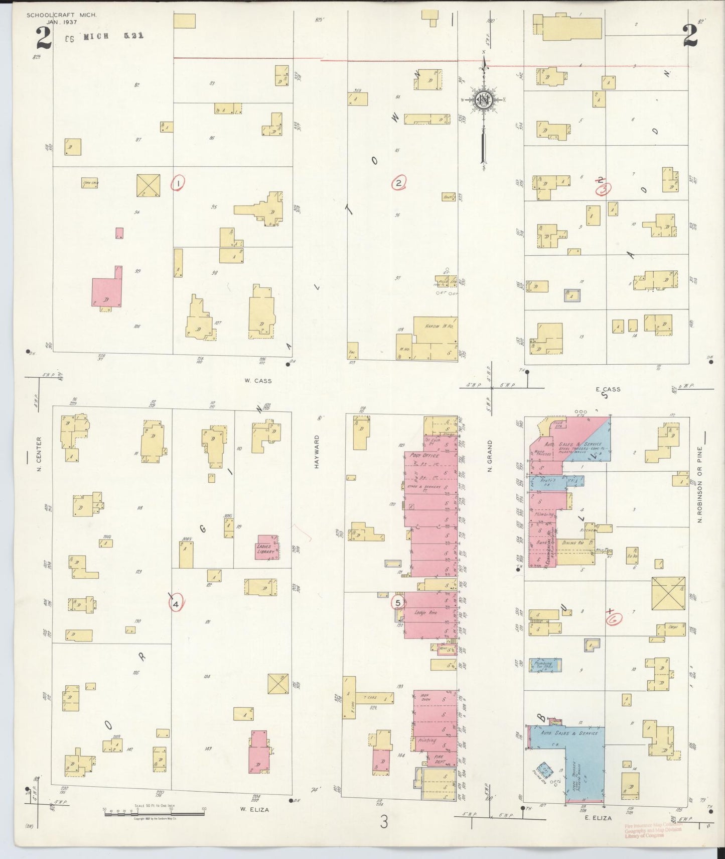 Sanborn Fire Insurance Map from Schoolcraft, Kalamazoo County, Michigan (1937), Sheet #0002 - Complete Map Set gallery image, historic Sanborn map, vintage wall art, Michigan Michigan
