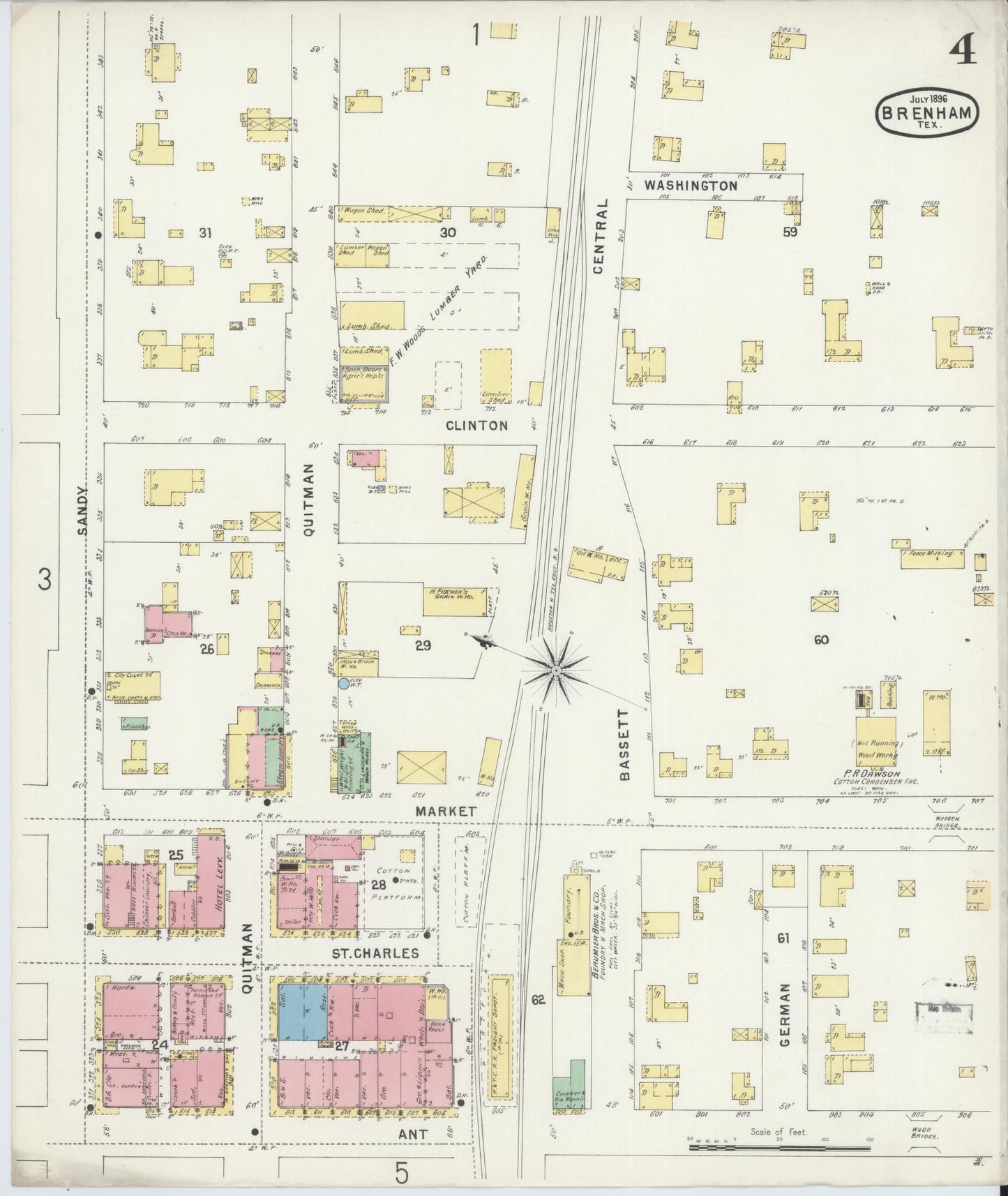 Sanborn Fire Insurance Map from Brenham, Washington County, Texas (1896), Sheet #0004 - Historic Sanborn Fire Insurance Map Print, vintage old map wall art, antique decor, genealogy gift, Texas Texas map