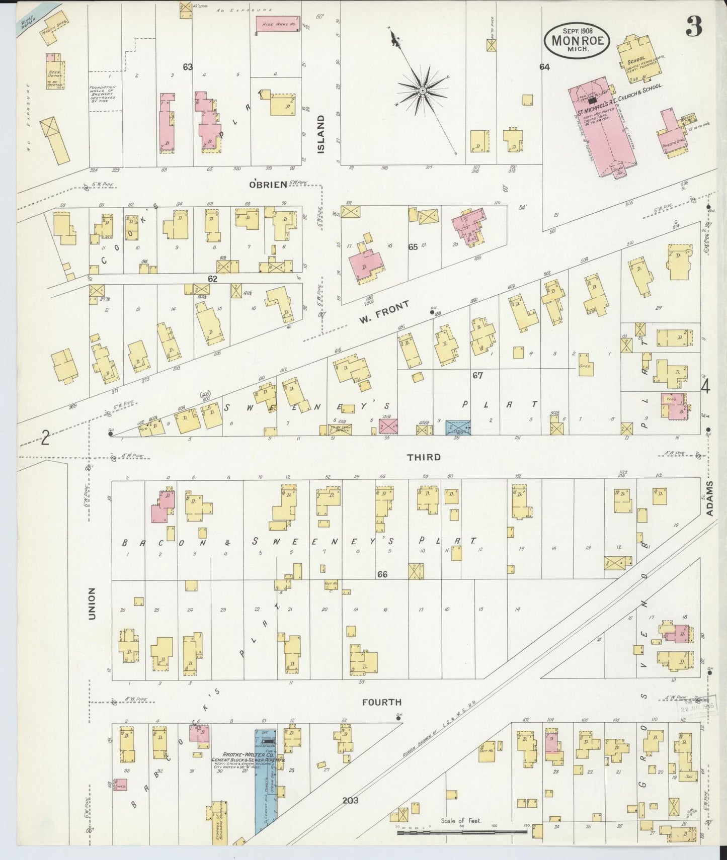 Sanborn Fire Insurance Map from Monroe, Monroe County, Michigan (1908), Sheet #0003 - Historic Sanborn Fire Insurance Map Print, vintage old map wall art, antique decor, genealogy gift, Michigan Michigan map