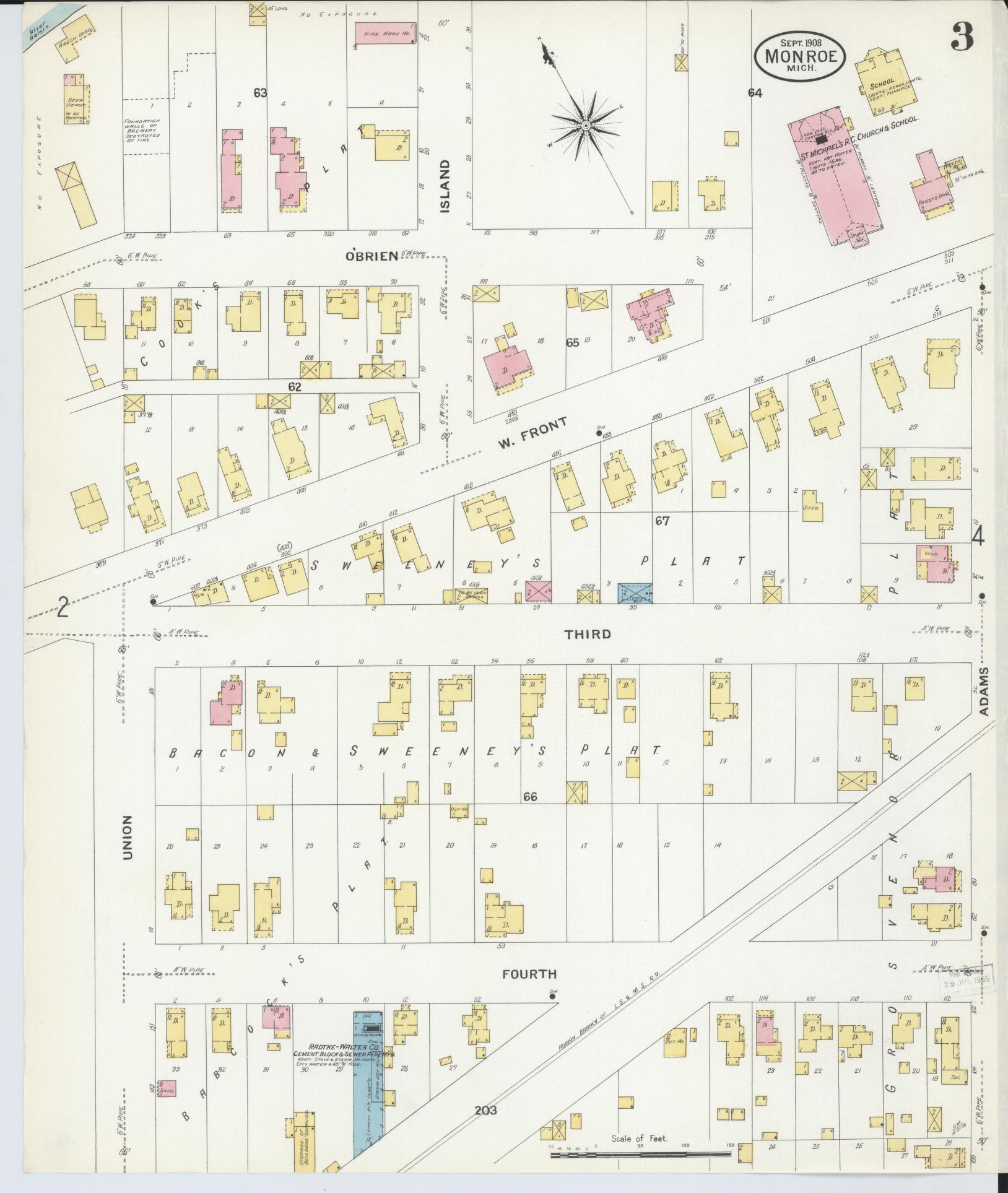 Sanborn Fire Insurance Map from Monroe, Monroe County, Michigan (1908), Sheet #0003 - Historic Sanborn Fire Insurance Map Print, vintage old map wall art, antique decor, genealogy gift, Michigan Michigan map