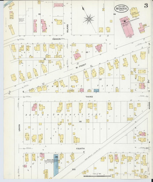 Sanborn Fire Insurance Map from Monroe, Monroe County, Michigan (1908), Sheet #0003 - Historic Sanborn Fire Insurance Map Print, vintage old map wall art, antique decor, genealogy gift, Michigan Michigan map