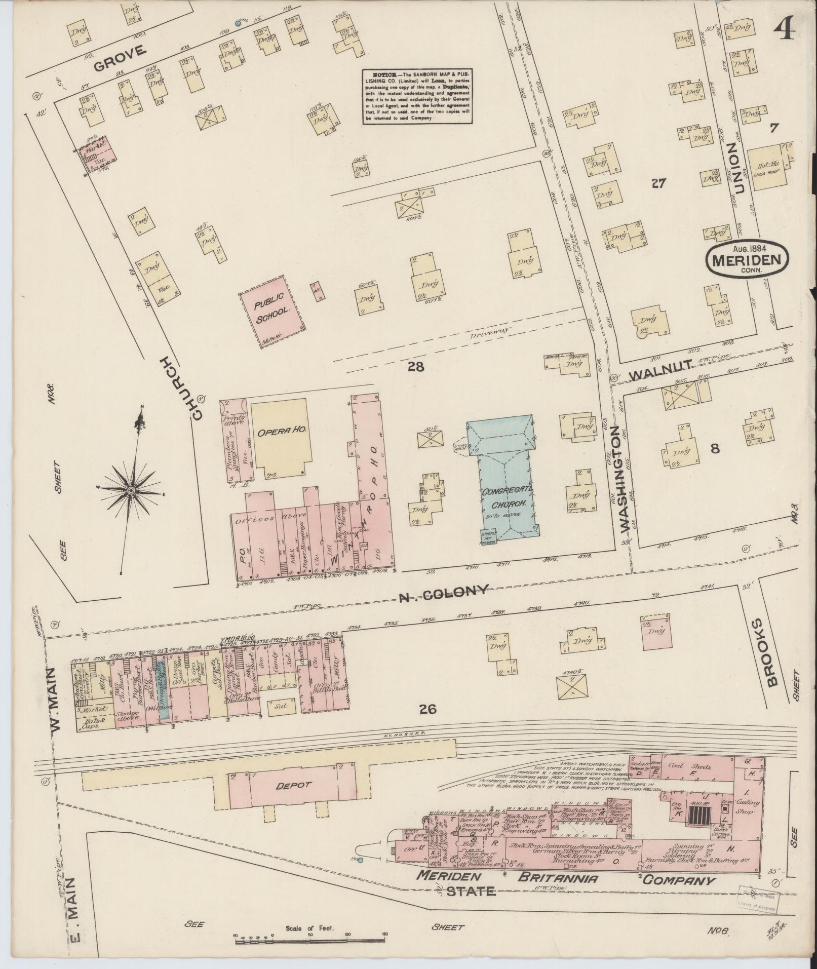 Sanborn Fire Insurance Map from Meriden, New Haven County, Connecticut (1884), Sheet #0004 - Complete Map Set gallery image, historic Sanborn map, vintage wall art, Connecticut Connecticut