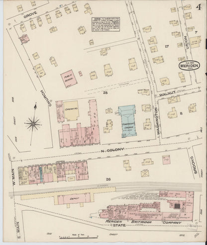 Sanborn Fire Insurance Map from Meriden, New Haven County, Connecticut (1884), Sheet #0004 - Complete Map Set gallery image, historic Sanborn map, vintage wall art, Connecticut Connecticut