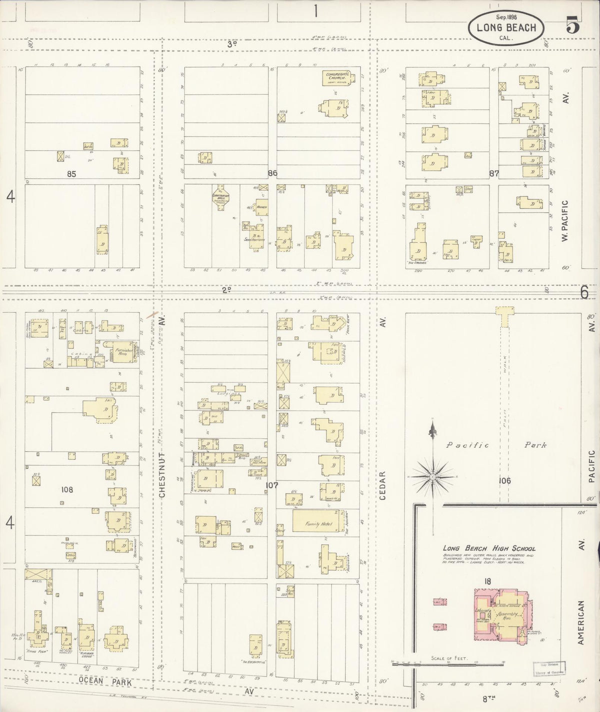 Sanborn Fire Insurance Map from Long Beach, Los Angeles County, California (1898), Sheet #0005 - Complete Map Set gallery image, historic Sanborn map, vintage wall art, California California
