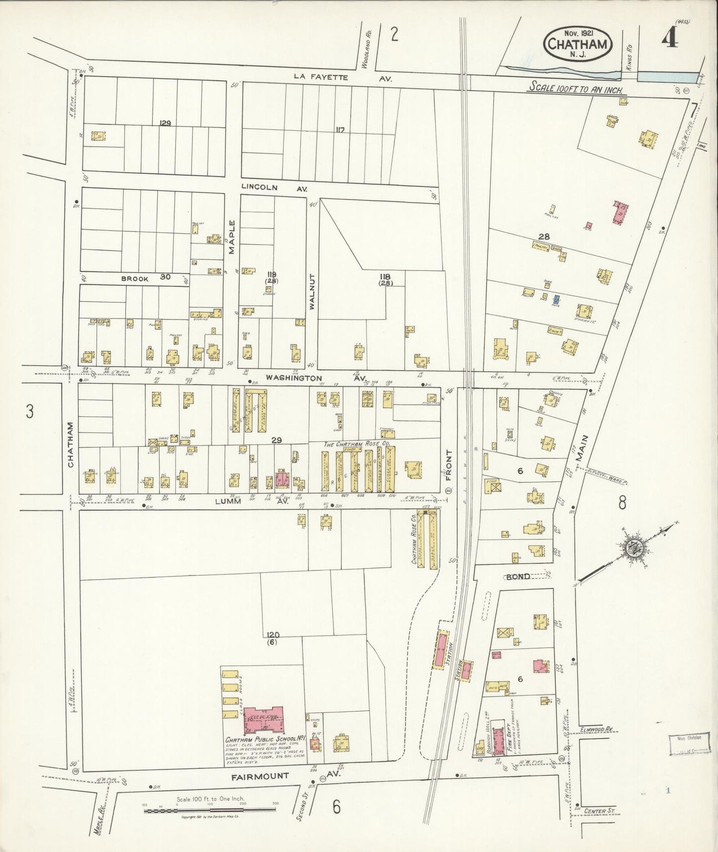 Sanborn Fire Insurance Map from Chatham, Morris County, New Jersey (1921), Sheet #0004 - Historic Sanborn Fire Insurance Map Print, vintage old map wall art, antique decor, genealogy gift, New Jersey New Jersey map