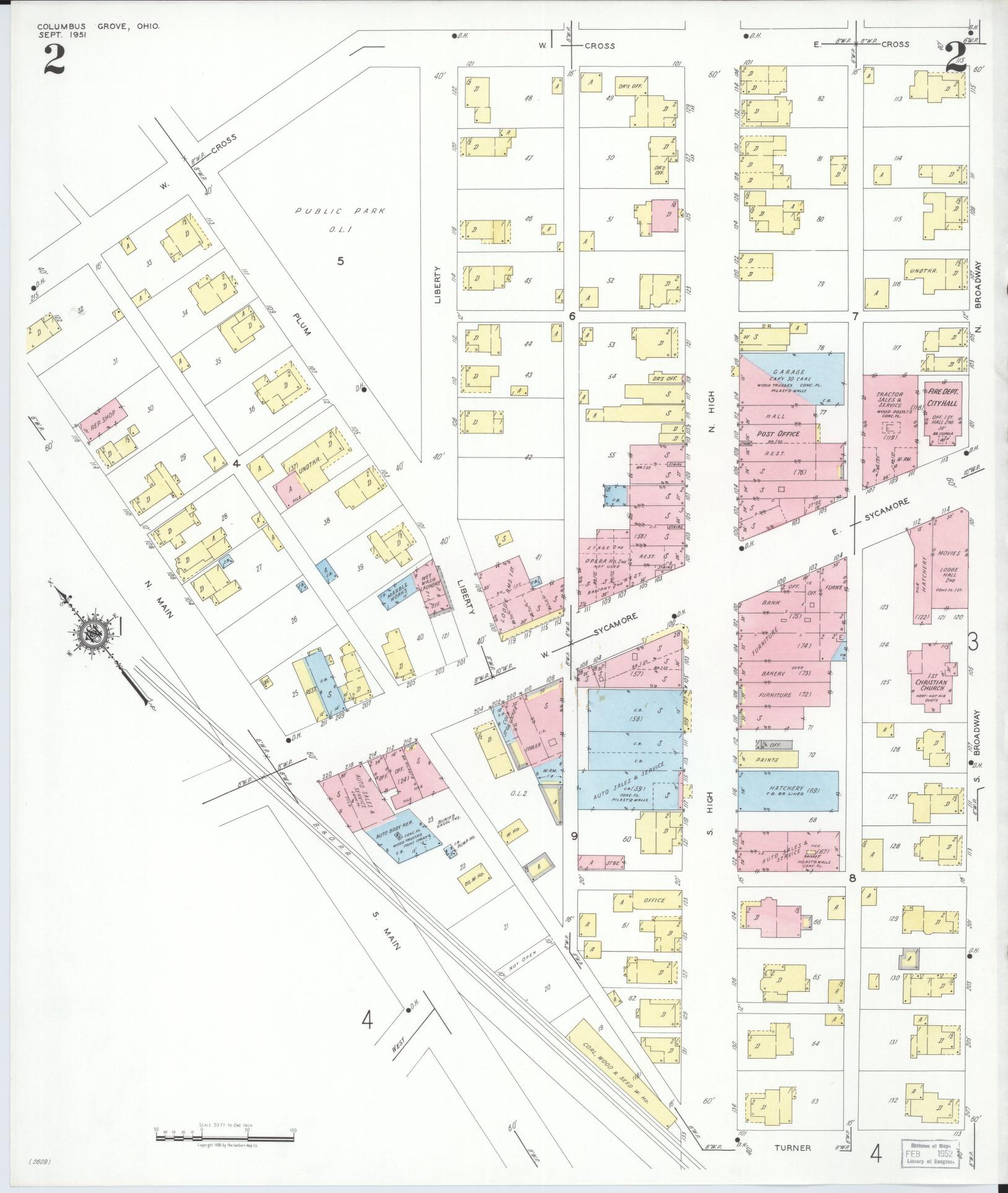 Sanborn Fire Insurance Map from Columbus Grove, Putnam County, Ohio (1951), Sheet #0002 - Historic Sanborn Fire Insurance Map Print, vintage old map wall art, antique decor, genealogy gift, Ohio Ohio map