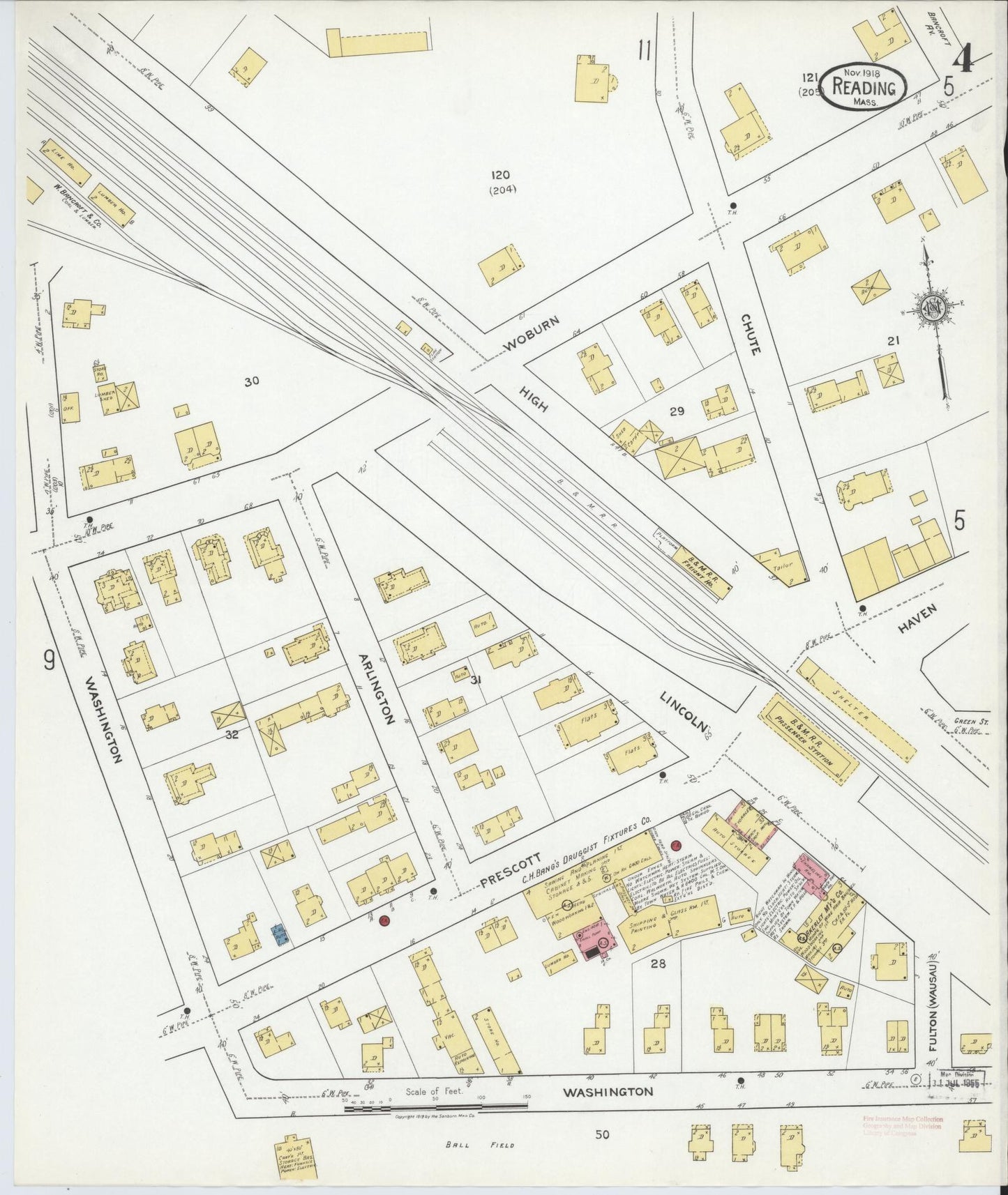 Sanborn Fire Insurance Map from Reading, Middlesex County, Massachusetts (1918), Sheet #0004 - Complete Map Set gallery image, historic Sanborn map, vintage wall art, Massachusetts Massachusetts