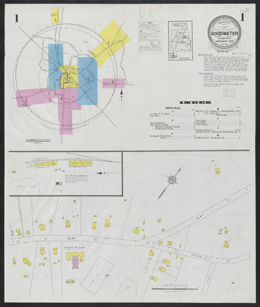 Sanborn Fire Insurance Map from Goodwater, Coosa County, Alabama (1928), Sheet #0001 - Historic Sanborn Fire Insurance Map Print, vintage old map wall art, antique decor, genealogy gift, Alabama Alabama map