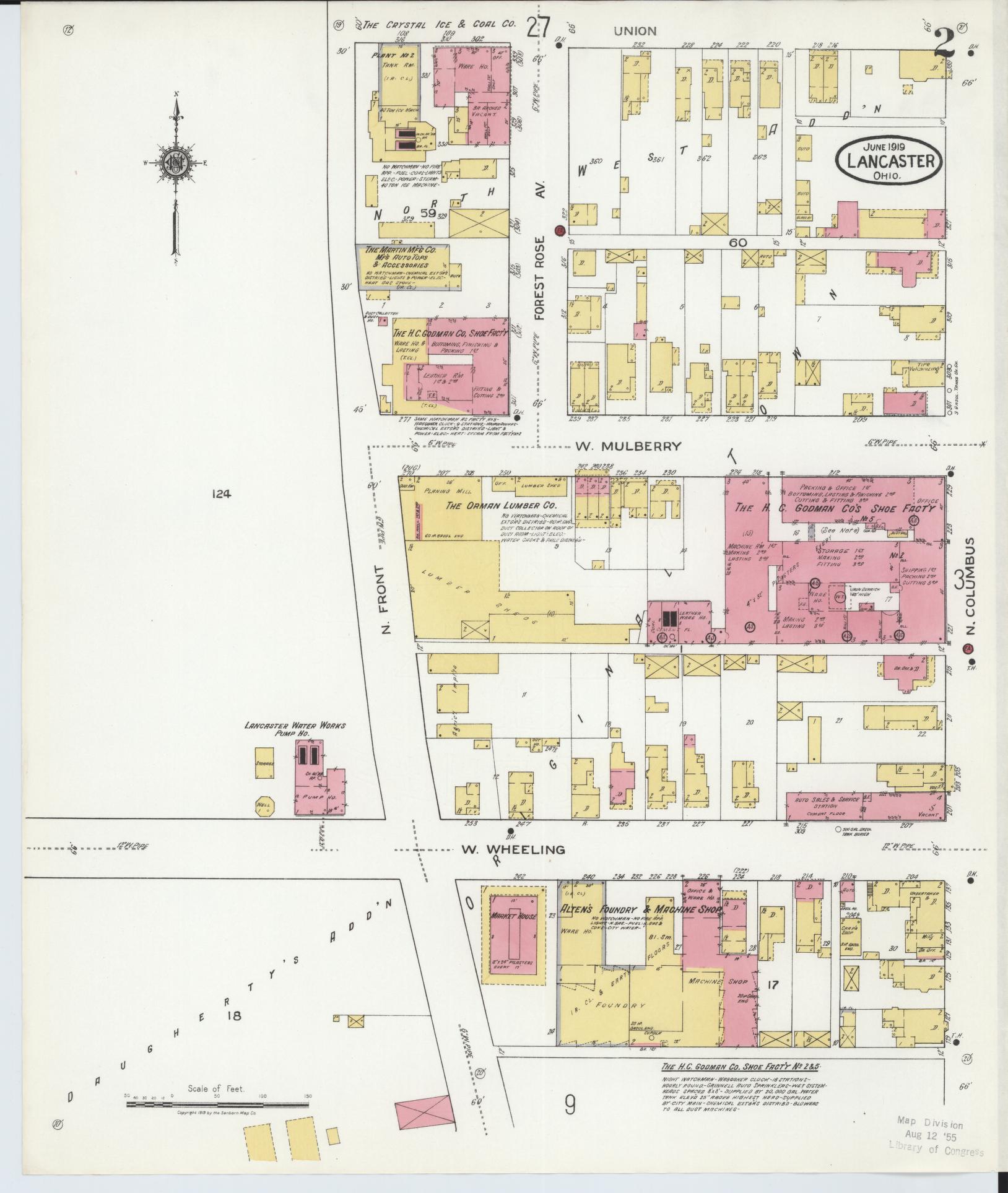 Sanborn Fire Insurance Map from Lancaster, Fairfield County, Ohio (1919), Sheet #0002 - Historic Sanborn Fire Insurance Map Print, vintage old map wall art, antique decor, genealogy gift, Ohio Ohio map