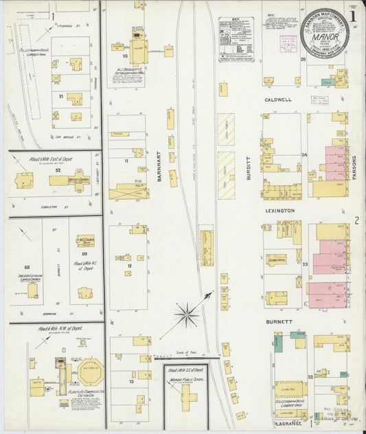 Sanborn Fire Insurance Map from Manor, Travis County, Texas (1905), Sheet #0001 - Historic Sanborn Fire Insurance Map Print, vintage old map wall art, antique decor, genealogy gift, Texas Texas map
