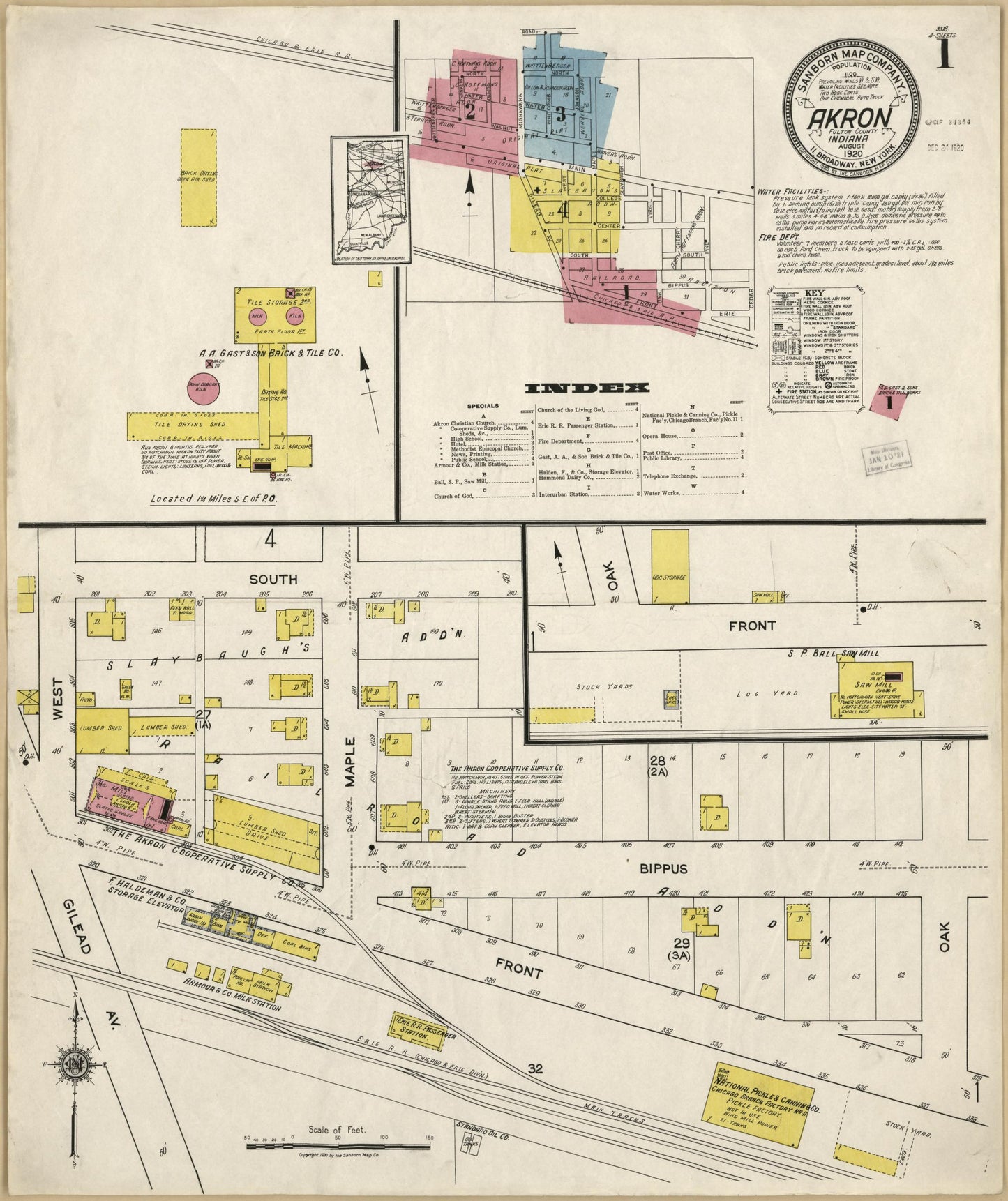 Sanborn Fire Insurance Map from Akron, Fulton County, Indiana (1920), Sheet #0001 - Historic Sanborn Fire Insurance Map Print, vintage old map wall art, antique decor, genealogy gift, Indiana Indiana map