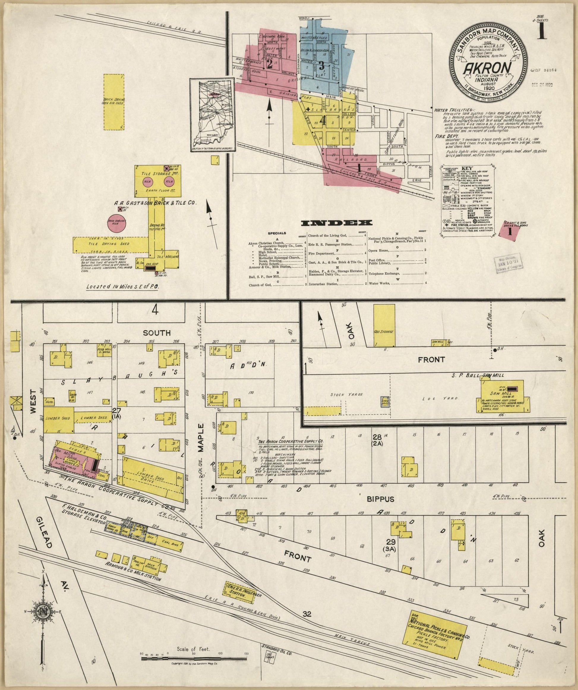 Sanborn Fire Insurance Map from Akron, Fulton County, Indiana (1920), Sheet #0001 - Historic Sanborn Fire Insurance Map Print, vintage old map wall art, antique decor, genealogy gift, Indiana Indiana map