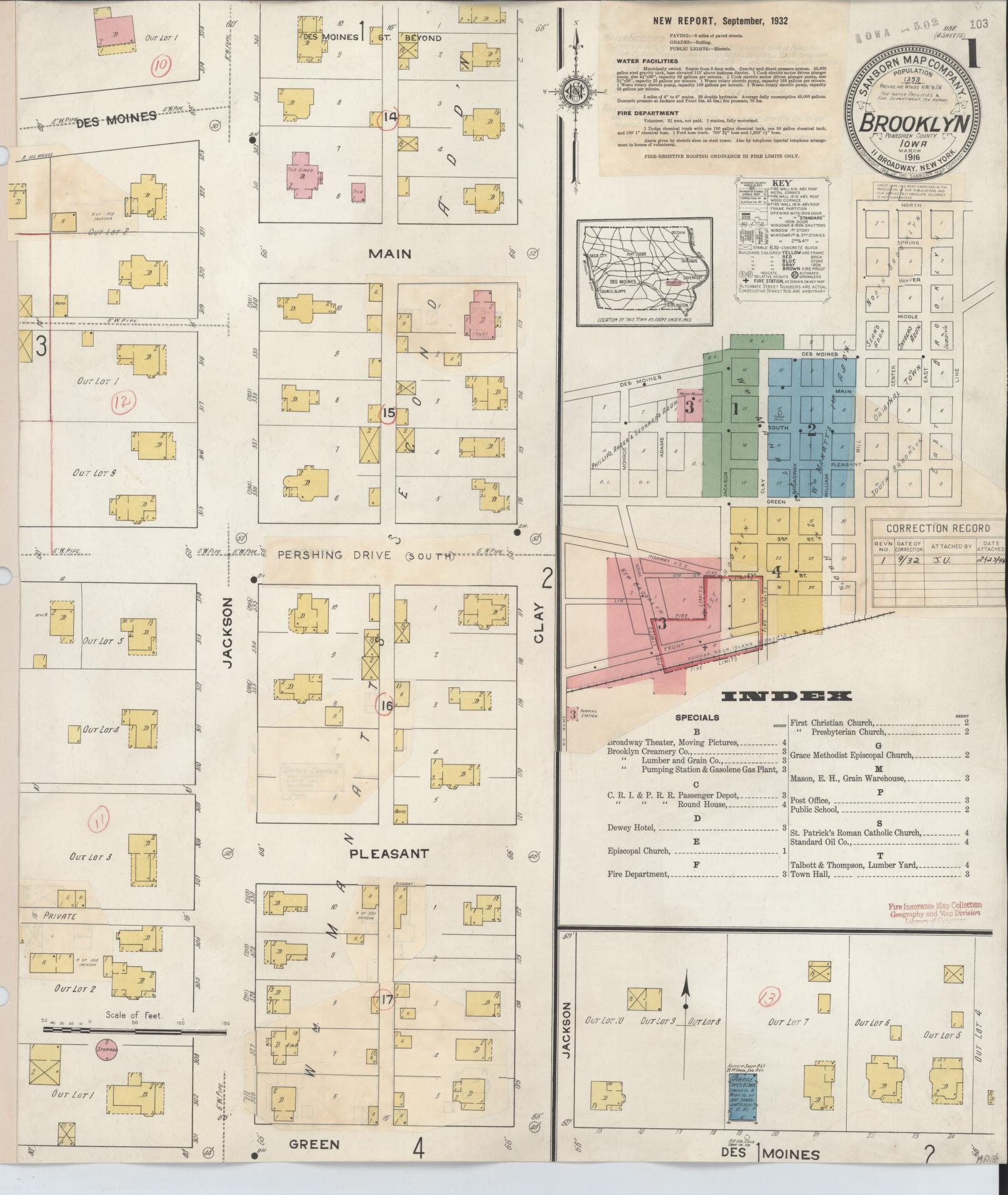 Sanborn Fire Insurance Map from Brooklyn, Poweshiek County, Iowa (1932), Sheet #0001 - Historic Sanborn Fire Insurance Map Print, vintage old map wall art
