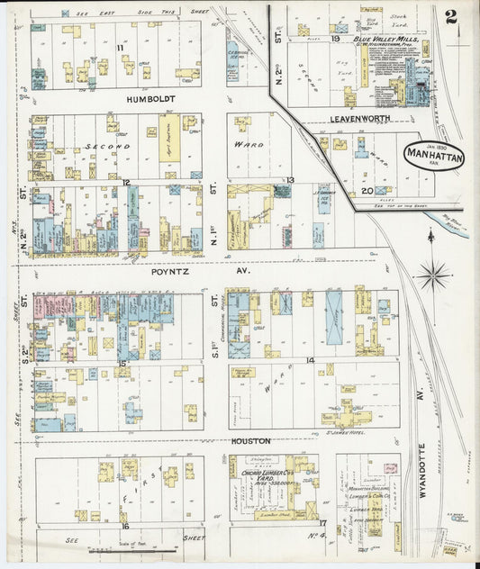Sanborn Fire Insurance Map from Manhattan, Riley County, Kansas (1890), Sheet #0002 - Historic Sanborn Fire Insurance Map Print, vintage old map wall art, antique decor, genealogy gift, Kansas Kansas map