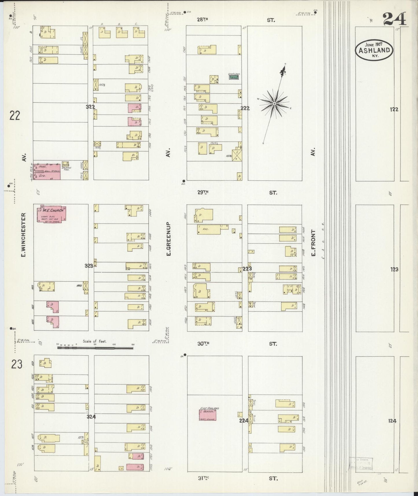 Sanborn Fire Insurance Map from Ashland, Boyd County, Kentucky (1907), Sheet #0024 - Complete Map Set gallery image, historic Sanborn map, vintage wall art, Kentucky Kentucky