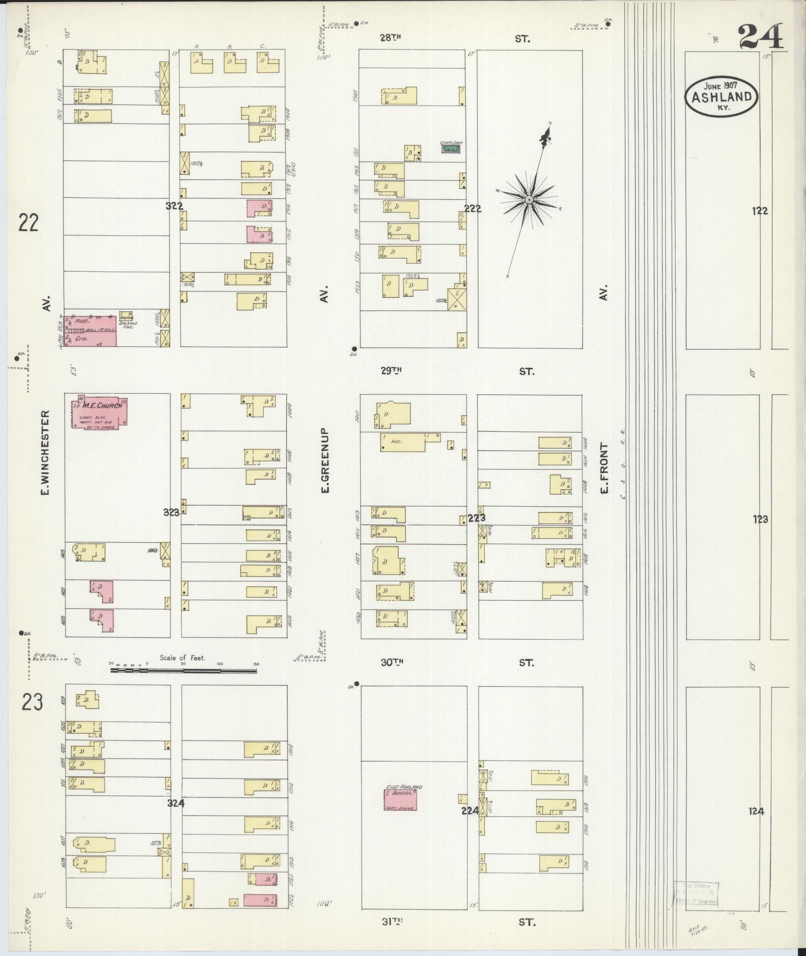 Sanborn Fire Insurance Map from Ashland, Boyd County, Kentucky (1907), Sheet #0024 - Complete Map Set gallery image, historic Sanborn map, vintage wall art, Kentucky Kentucky