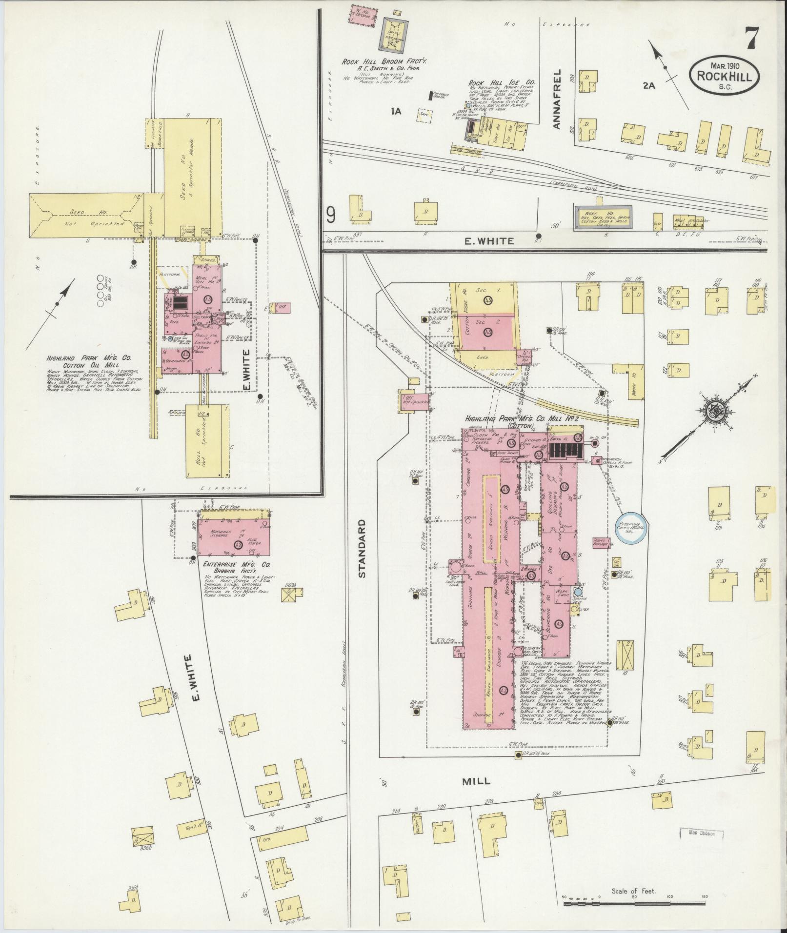 Sanborn Fire Insurance Map from Rock Hill, York County, South Carolina (1910), Sheet #0007 - Historic Sanborn Fire Insurance Map Print, vintage old map wall art, antique decor, genealogy gift, South Carolina South Carolina map