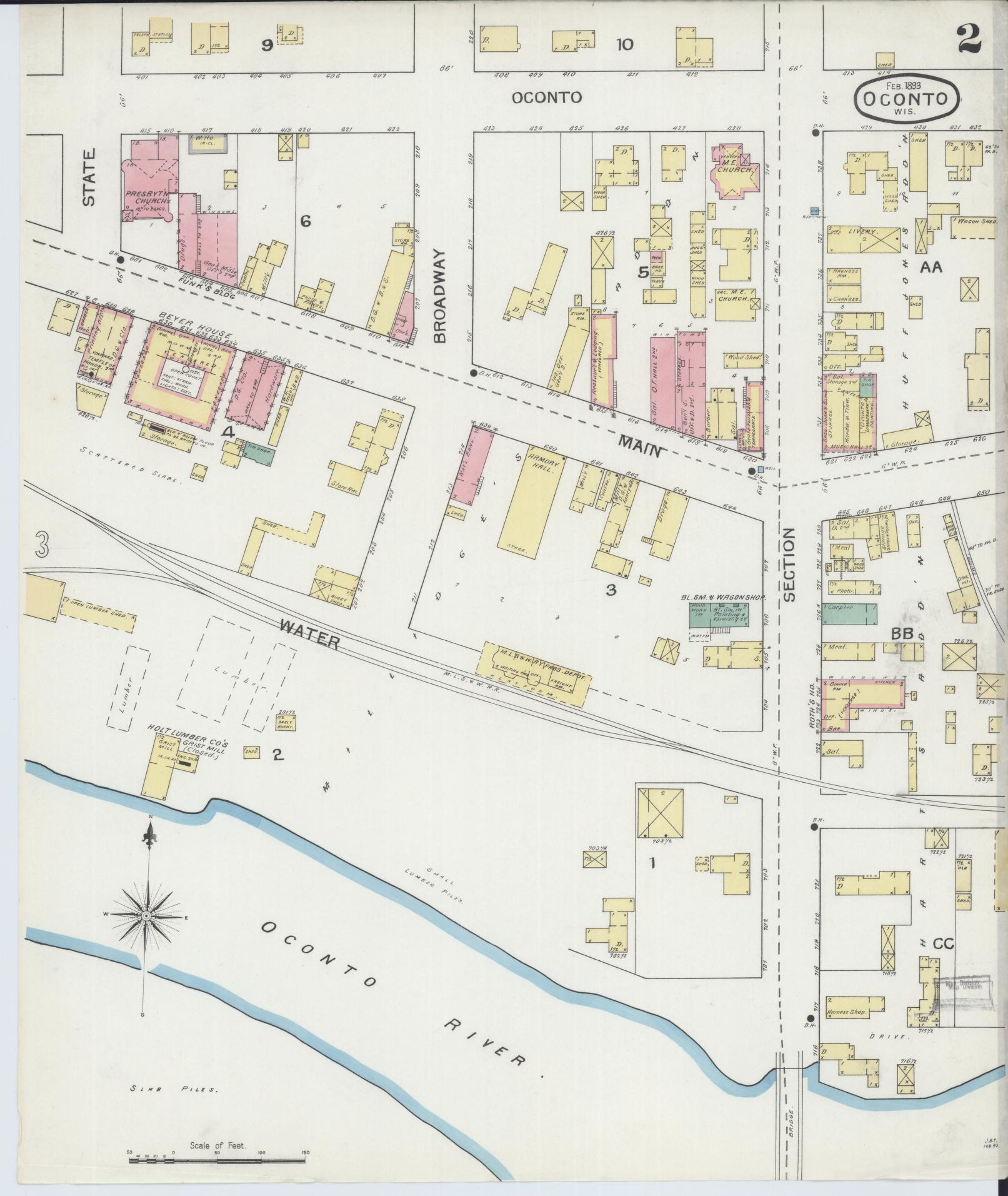 Sanborn Fire Insurance Map from Oconto, Oconto County, Wisconsin (1893), Sheet #0002 - Complete Map Set gallery image, historic Sanborn map, vintage wall art, Wisconsin Wisconsin