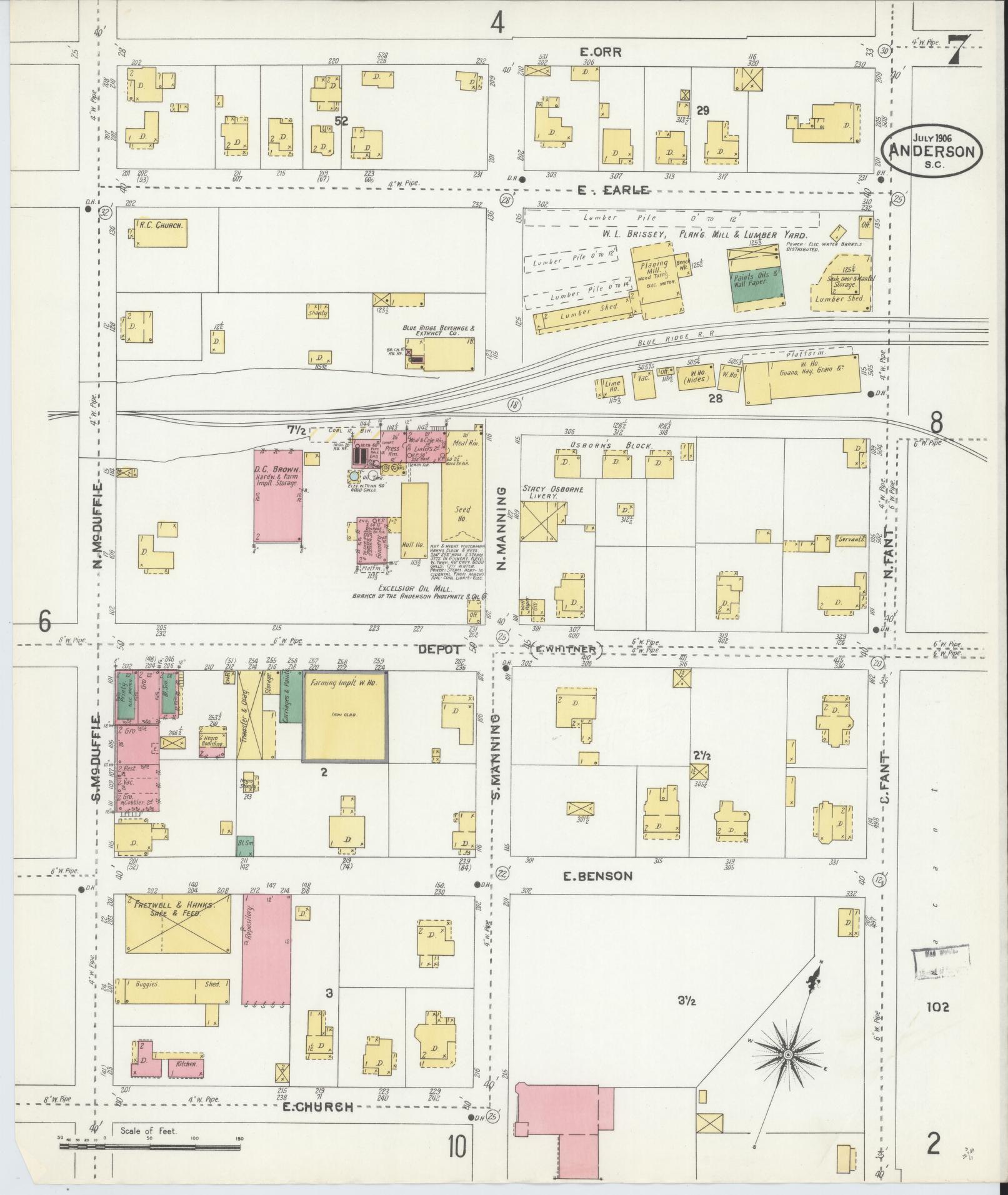 Sanborn Fire Insurance Map from Anderson, Anderson County, South Carolina (1906), Sheet #0007 - Complete Map Set gallery image, historic Sanborn map, vintage wall art, South Carolina South Carolina