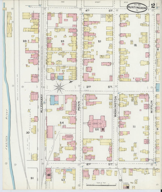 Sanborn Fire Insurance Map from Huntingdon, Huntingdon County, Pennsylvania (1891), Sheet #0002 - Historic Sanborn Fire Insurance Map Print, vintage old map wall art, antique decor, genealogy gift, Pennsylvania Pennsylvania map