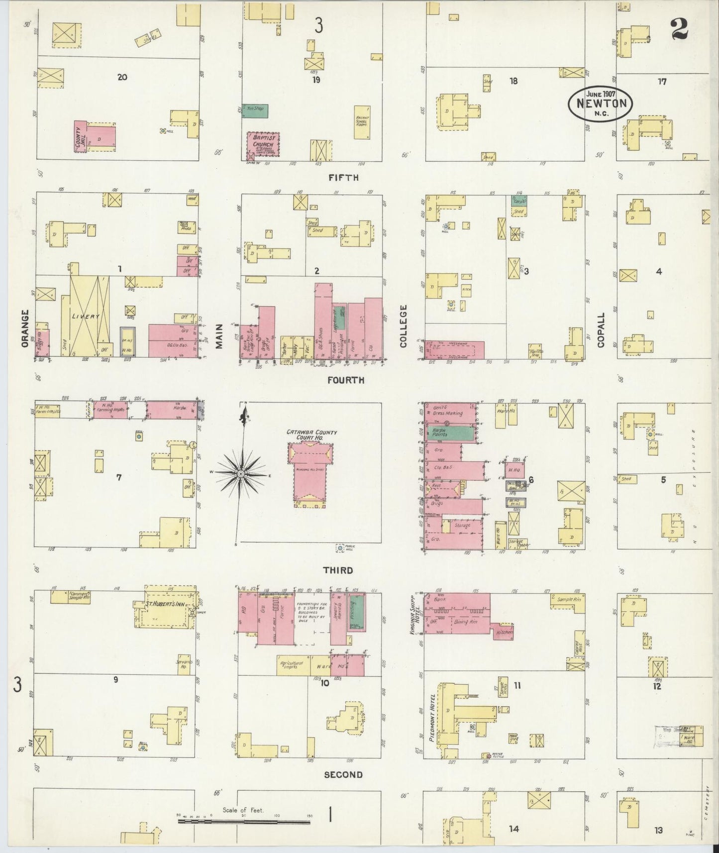 Sanborn Fire Insurance Map from Newton, Catawba County, North Carolina (1907), Sheet #0002 - Complete Map Set gallery image, historic Sanborn map, vintage wall art, North Carolina North Carolina