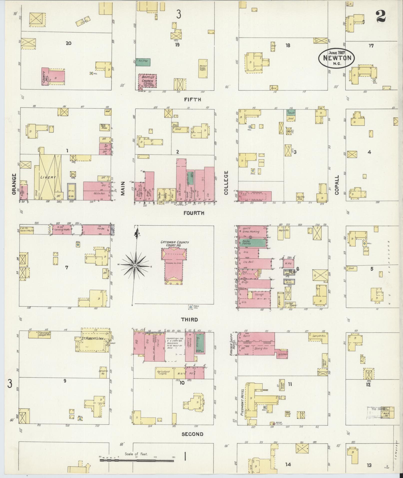 Sanborn Fire Insurance Map from Newton, Catawba County, North Carolina (1907), Sheet #0002 - Complete Map Set gallery image, historic Sanborn map, vintage wall art, North Carolina North Carolina
