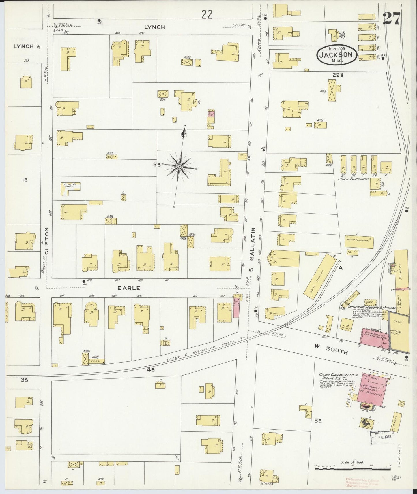 Sanborn Fire Insurance Map from Jackson, Hinds County, Mississippi (1909), Sheet #0027 - Historic Sanborn Fire Insurance Map Print, vintage old map wall art, antique decor, genealogy gift, Mississippi Mississippi map