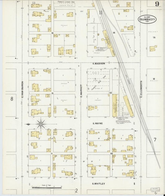 Sanborn Fire Insurance Map from Columbia City, Whitley County, Indiana (1897), Sheet #0009 - Historic Sanborn Fire Insurance Map Print, vintage old map wall art, antique decor, genealogy gift, Indiana Indiana map