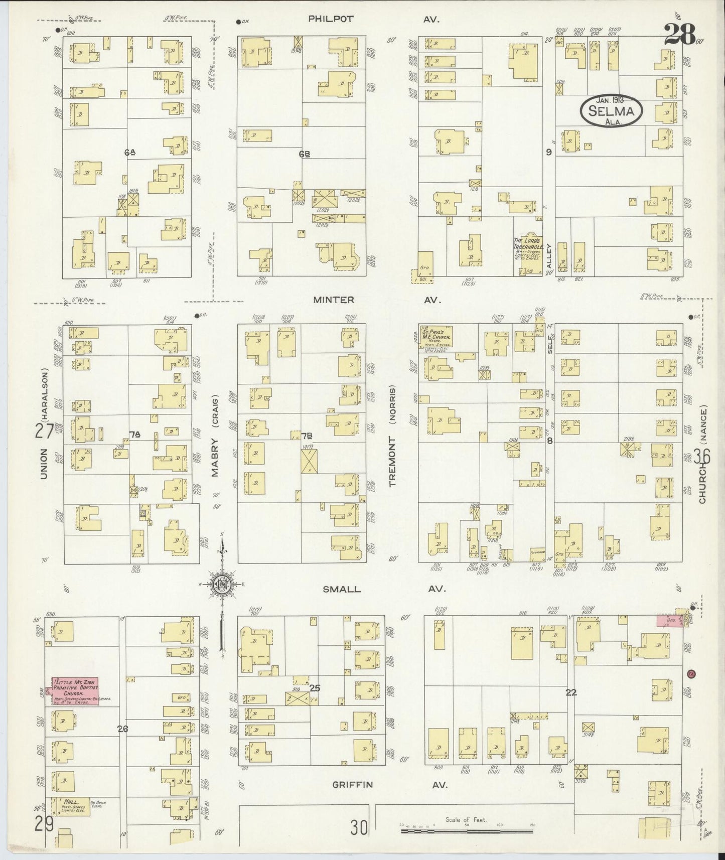 Sanborn Fire Insurance Map from Selma, Dallas County, Alabama (1913), Sheet #0028 - Historic Sanborn Fire Insurance Map Print, vintage old map wall art, antique decor, genealogy gift, Alabama Alabama map