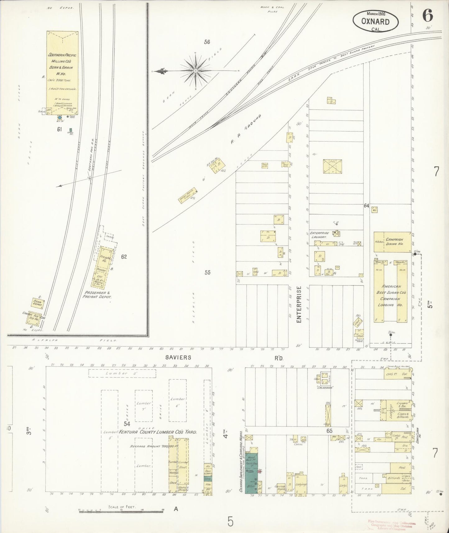 Sanborn Fire Insurance Map from Oxnard, Ventura County, California (1900), Sheet #0006 - Complete Map Set gallery image, historic Sanborn map, vintage wall art, California California