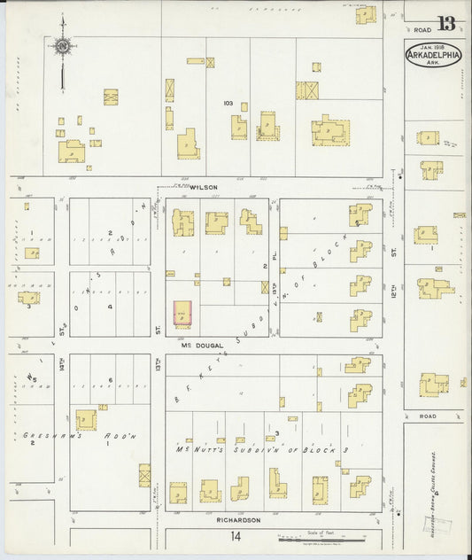 Sanborn Fire Insurance Map from Arkadelphia, Clark County, Arkansas (1918), Sheet #0013 - Historic Sanborn Fire Insurance Map Print, vintage old map wall art, antique decor, genealogy gift, Arkansas Arkansas map