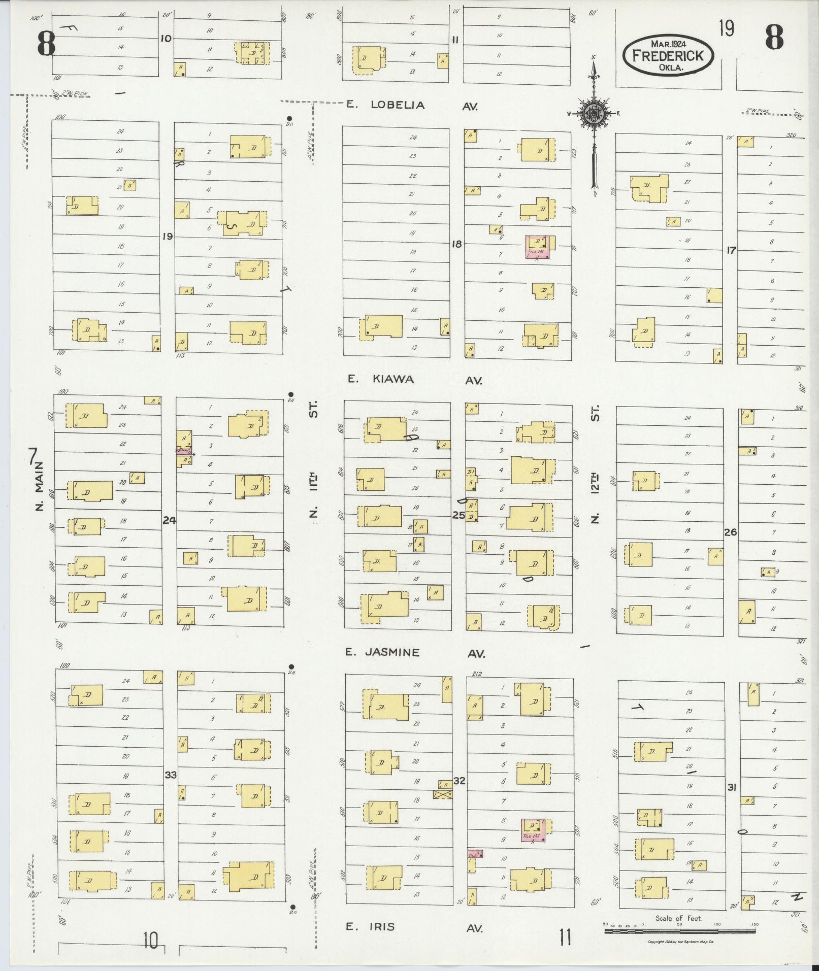 Sanborn Fire Insurance Map from Frederick, Tillman County, Oklahoma (1924), Sheet #0008 - Historic Sanborn Fire Insurance Map Print, vintage old map wall art, antique decor, genealogy gift, Oklahoma Oklahoma map